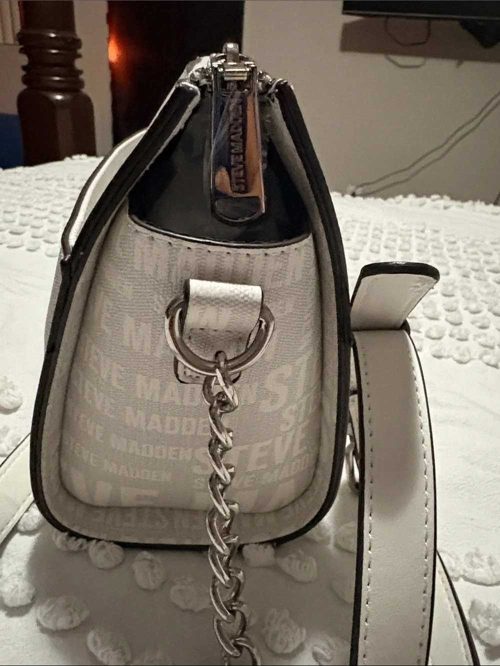 Steve Madden White Logo Print Crossbody Bag